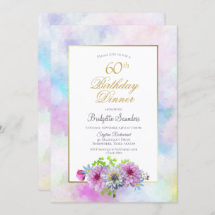 60th Birthday Dinner Blue Pink Floral Pastel Invitation