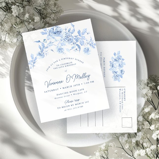 60th Birthday Dinner Party Blue Floral Invitation Postcard (Creator Uploaded)