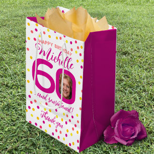 60th birthday dot pink yellow thank you favour medium gift bag