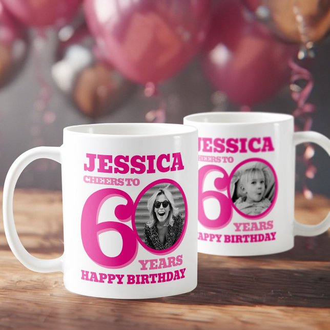 60th Birthday doubled sided photo name pink text Coffee Mug (Creator Uploaded)