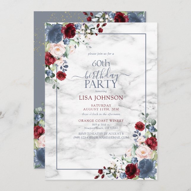 60th Birthday Dusty Blue Burgundy Blush Gold Invitation (Front/Back)