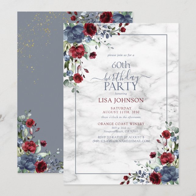 60th Birthday Dusty Blue Burgundy Gold Floral Invitation (Front/Back)