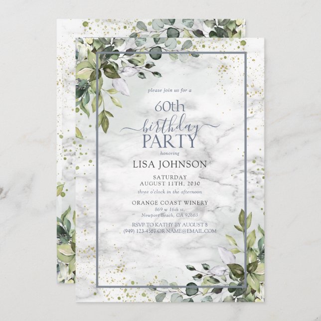 60th Birthday Dusty Blue Eucalyptus Greenery Invitation (Front/Back)