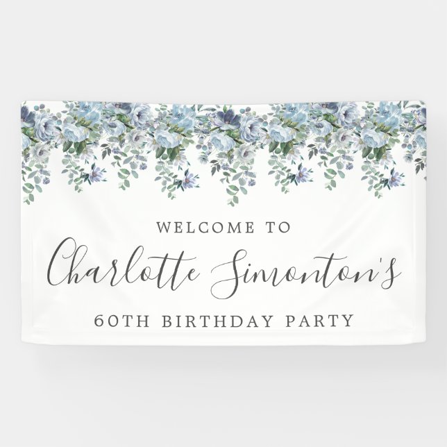 60th Birthday Dusty Blue Floral Welcome Banner (Horizontal)