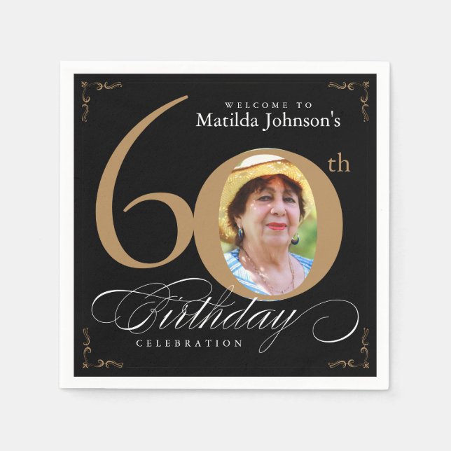 60th Birthday Elegant Black Gold Calligraphy Photo Napkin (Front)