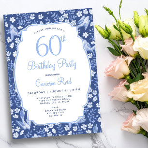 60th Birthday Elegant Blue Floral Feminine Bird Invitation