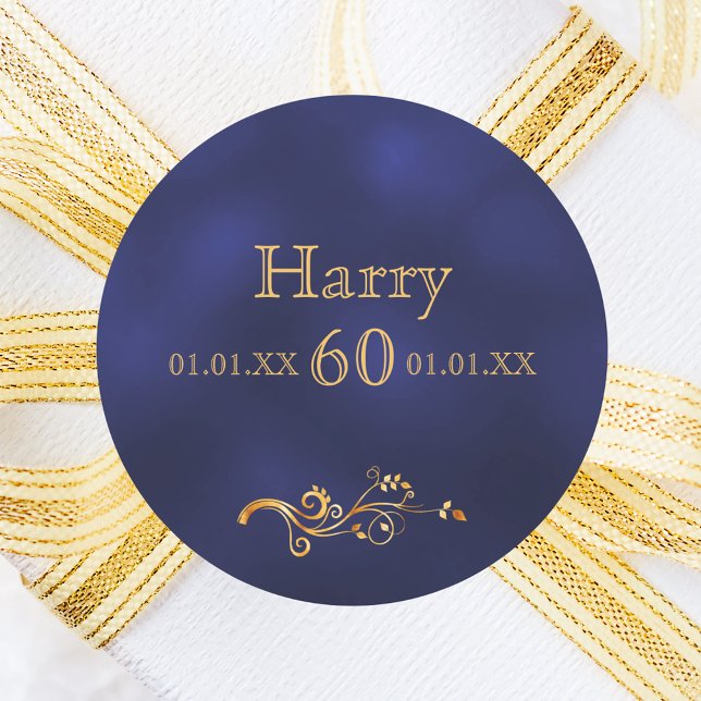 60th birthday elegant dark blue and gold classic round sticker (Creator Uploaded)