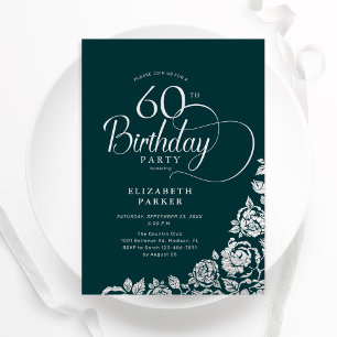 60th Birthday Elegant Emerald Green Silver Roses Invitation