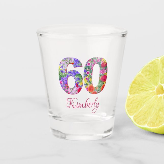 60th birthday elegant floral blossoms shot glass (Front)