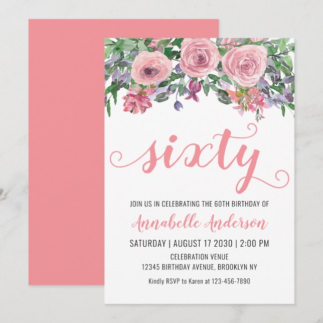 60th Birthday Elegant Floral Blush Pink Watercolor Invitation (Front/Back)