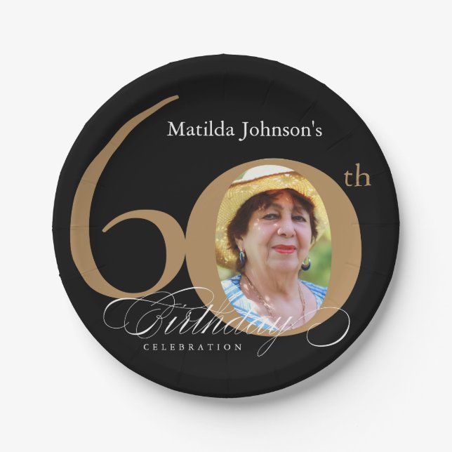 60th Birthday Elegant Gold Black Calligraphy Photo Paper Plate (Front)