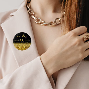 60th birthday elegant gold bow with sparkle black 6 cm round badge