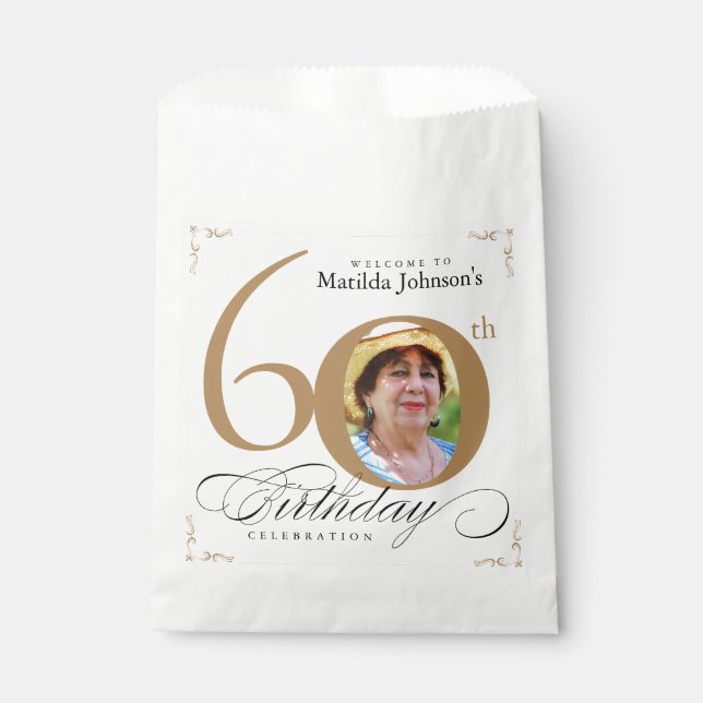 60th Birthday Elegant Gold White Calligraphy Photo Favour Bags (Front)