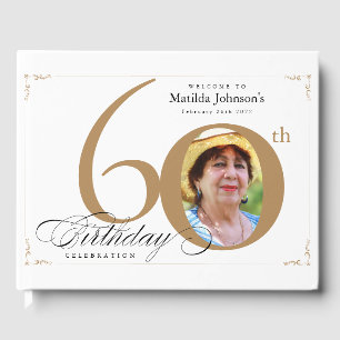60th Birthday Elegant Gold White Calligraphy Photo Guest Book