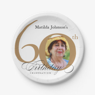 60th Birthday Elegant Gold White Calligraphy Photo Paper Plate