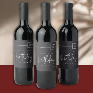 60th Birthday Elegant Minimalist Flat Black Wine Label