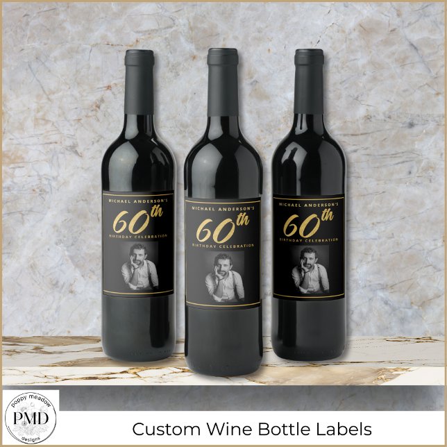 60th Birthday Elegant Photo Black Gold Wine Label (60th Birthday Elegant Photo Black and Gold Wine Bottle Label with Faux Gold Leaf, Name, Photo.)