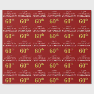 60th Birthday: Elegant, Red, Faux Gold Look Wrapping Paper