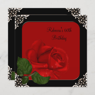 60th Birthday Elegant Red Rose Black Flowers Invitation