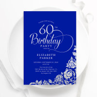 60th Birthday Elegant Royal Blue Silver Roses