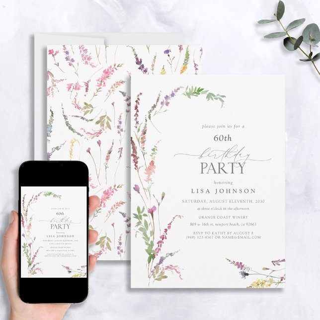 60th Birthday Elegant Wildflower Floral Watercolor Invitation (Creator Uploaded)
