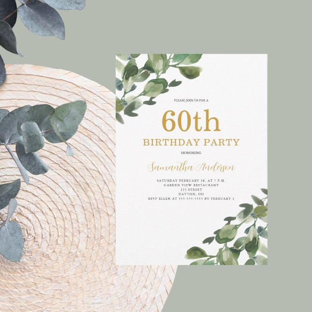 60th Birthday Eucalyptus Gold Script  Invitation (Creator Uploaded)