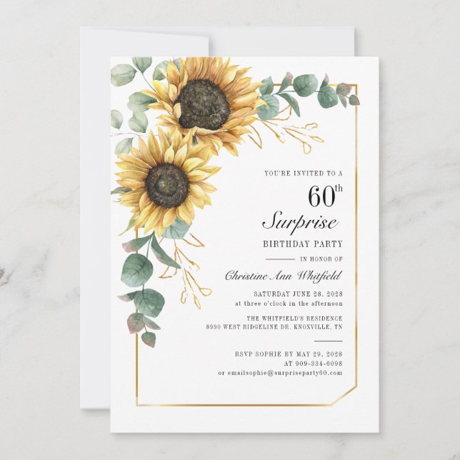 60th Birthday Eucalyptus Greenery Floral Sunflower Invitation (Front)