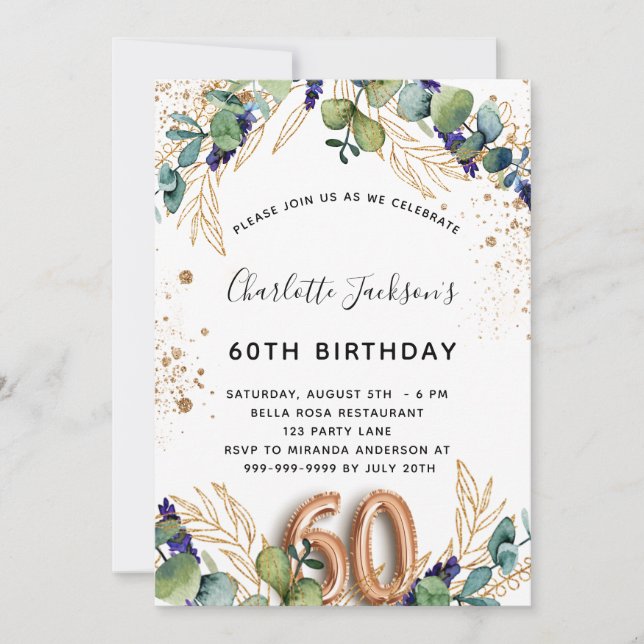 60th birthday eucalyptus greenery glitter elegant invitation (Front)