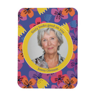 60th birthday floral blue colourful elegant photo magnet