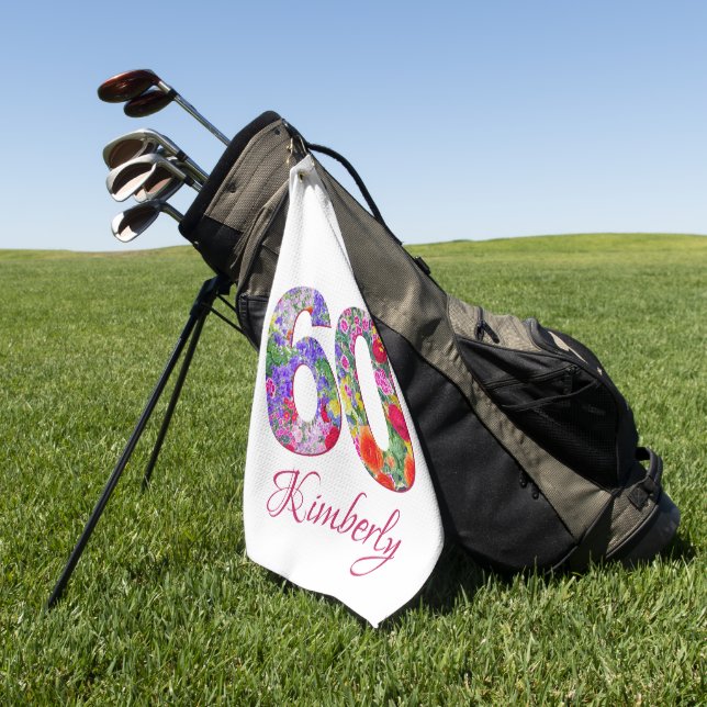 60th birthday floral design unique golf towel (Green)