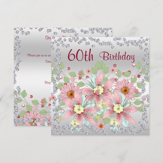 60th Birthday Floral Display & Diamonds Invitation (Front/Back)