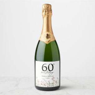 60th Birthday Floral Elegant Script Birthday Party Sparkling Wine Label