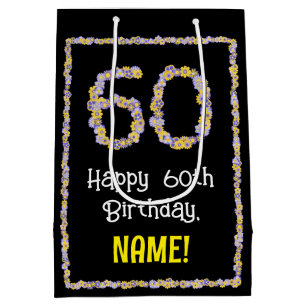 60th Birthday: Floral Flowers Number, Custom Name Medium Gift Bag