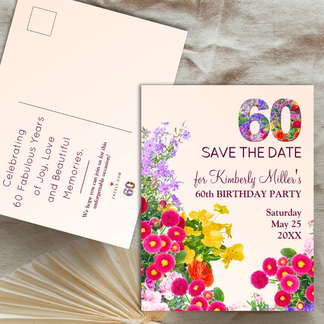 60th birthday floral modern 60 years party announcement postcard (Creator Uploaded)