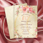 60th Birthday Floral Pink Roses Gold Shimmer Party Invitation<br><div class="desc">Invite your guests in style to a 60th birthday party with this vintage floral flat card invitation. This elegant design template features watercolor roses in shades of pink and peach with green leaves on a gold shimmering background. In the centre is a large number "60th" in modern pink typography. Below...</div>