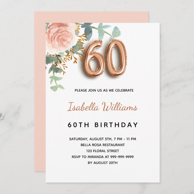 60th birthday floral rose gold eucalyptus greenery invitation (Front/Back)