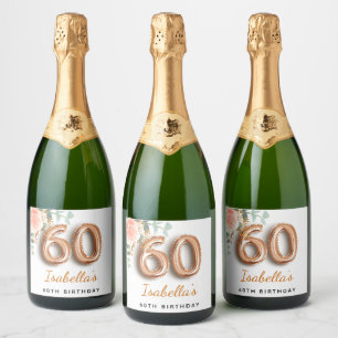 60th birthday floral rose gold eucalyptus monogram sparkling wine label