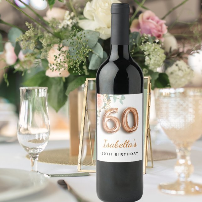 60th birthday floral rose gold eucalyptus monogram wine label (Creator Uploaded)