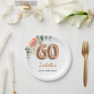 60th birthday floral rose gold eucalyptus name paper plate