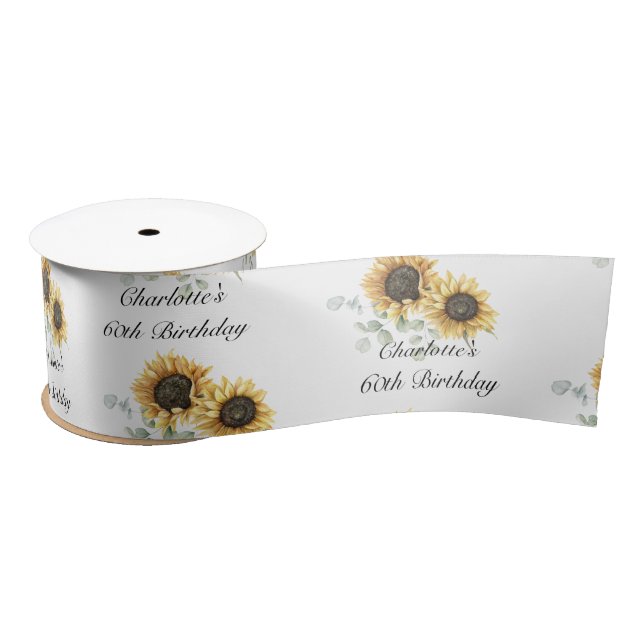 60th Birthday Floral Sunflower Eucalyptus Custom Satin Ribbon (Spool)