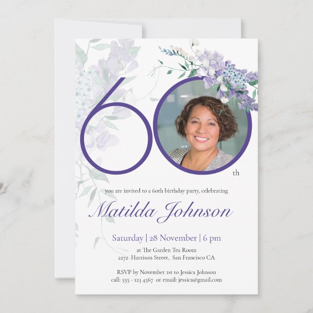 60th Birthday Floral Wisteria Purple Elegant Photo Invitation (Front)