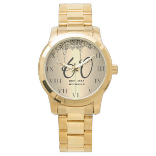 60th Birthday for Her Sixty Black Sparkle Gold Watch