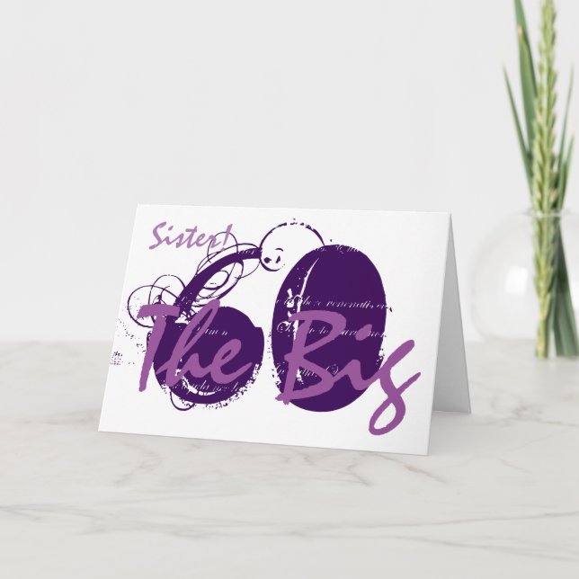 60th Birthday for sister, purple text on white. Card (Front)