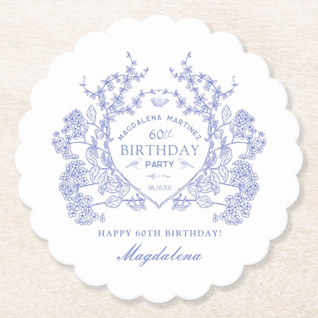 60th Birthday French Blue Floral Crest Custom Paper Coaster (Front)