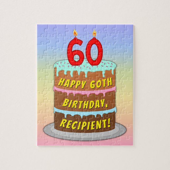 60th Birthday: Fun Cake and Candles + Custom Name Jigsaw Puzzle (Vertical)