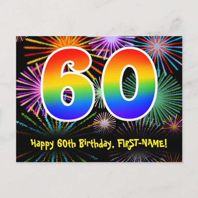 60th Birthday – Fun Fireworks Pattern + Rainbow 60 Postcard (Front)