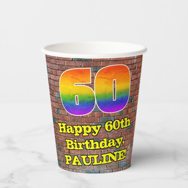60th Birthday: Fun Graffiti-Inspired Rainbow 60 Paper Cups (Back)