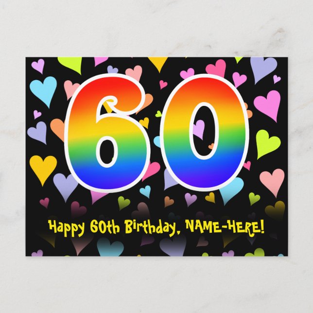 60th Birthday: Fun Hearts Pattern, Rainbow 60 Postcard (Front)