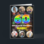 60th Birthday: Fun Rainbow #, Custom Name & Photos Card<br><div class="desc">The front of this bold and fun birthday themed greeting card design features the number “60“ having a multicolored rainbow spectrum inspired gradient pattern, along with the message “HAPPY 60th BIRTHDAY, ” and a personalised name, on a pattern inspired by bursting multicolored fireworks. Near the top and the bottom of...</div>