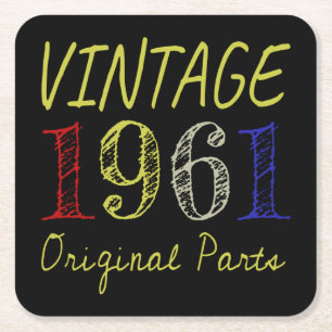 60th Birthday Gift Vintage 1961 Original Parts Square Paper Coaster